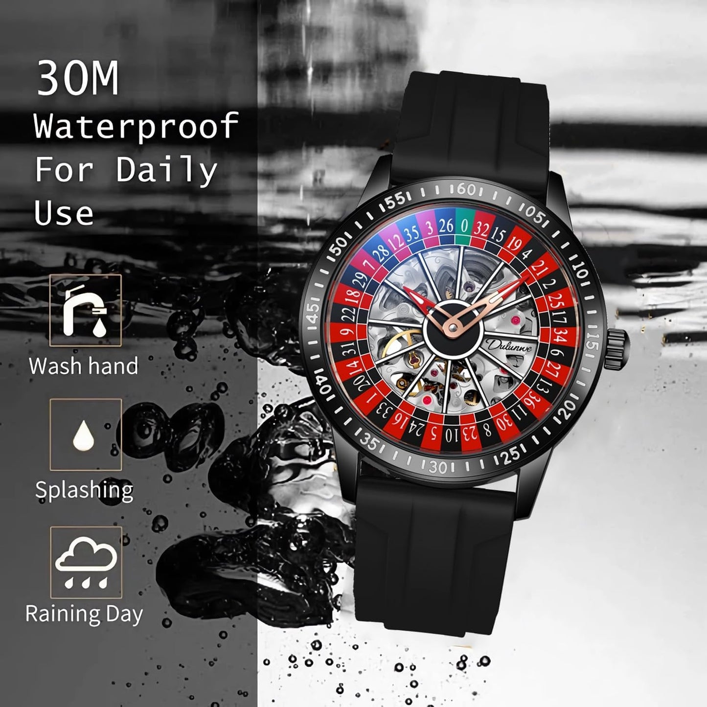 Roulette Wheel Automatic Watches for Men Rotating Dial Design Hollow Out Waterproof Mens Unique Style Mechanical Watch