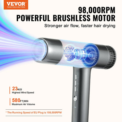 VEVOR Professional Hair Dryer with 3.0 Million Negative Ions, 98,000 RPM Brushless Motor, Multiple Temperature and Speed Settings, Lightweight Design with Nozzles and Diffuser for Home and Travel Use