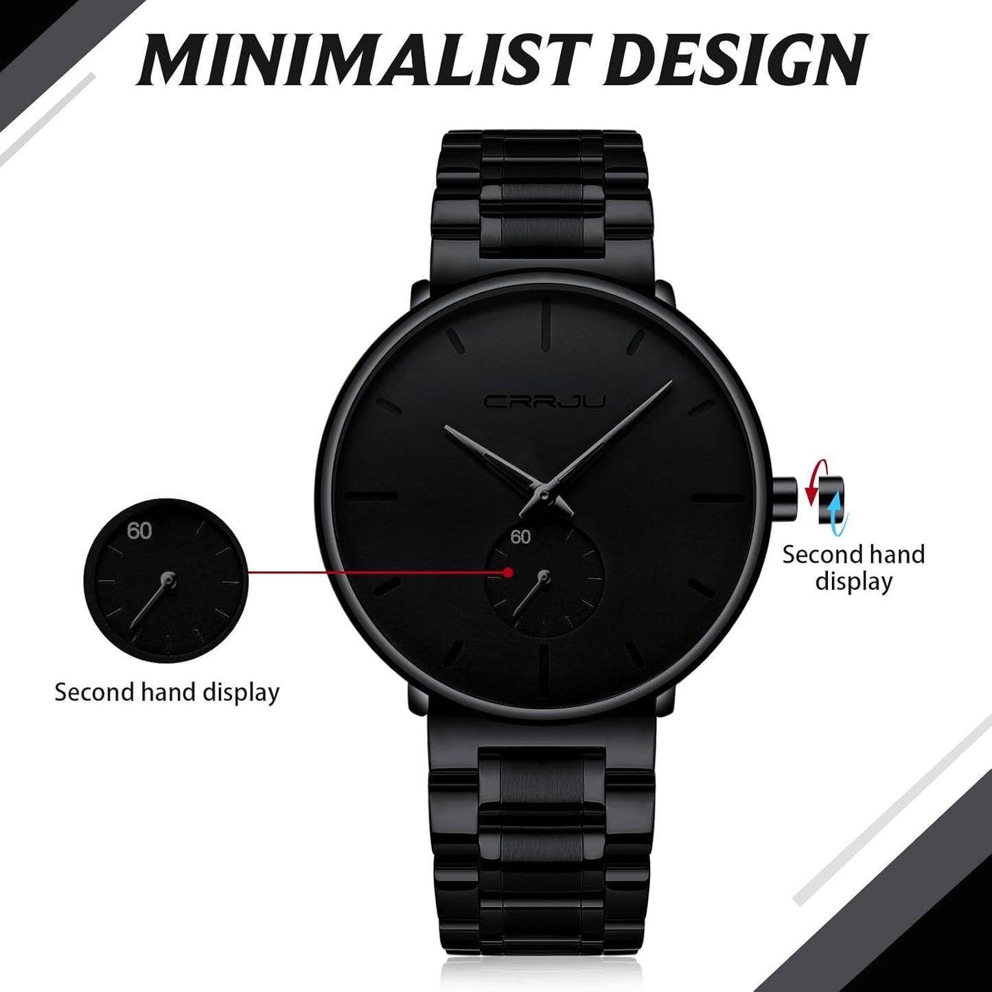 Mens Watches Ultra-Thin Minimalist Waterproof-Fashion Wrist Watch for Men Unisex Dress with Stainless Steel Band-Black Hands