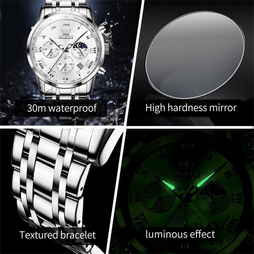 Stylish Men's Multifunction Waterproof Chronograph Watch - Luminous Multi Dial Stainless Steel Wrist Watch with Date - Perfect Gift for Him