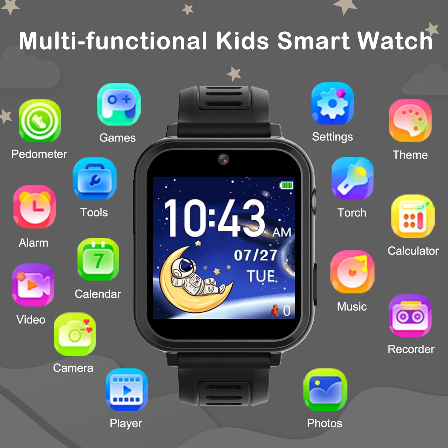 Smart Watch for Kids, Smart Watch Toys with 24 Games Camera Video Recorder Music Alarm Calculator Calendar Flashlight Stopwatch Pedometer Gift Toys for 3-12 Years Old Boys and Girls (Black)