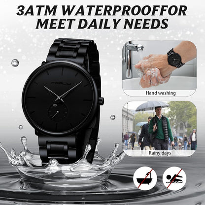 Mens Watches Ultra-Thin Minimalist Waterproof-Fashion Wrist Watch for Men Unisex Dress with Stainless Steel Band-Black Hands