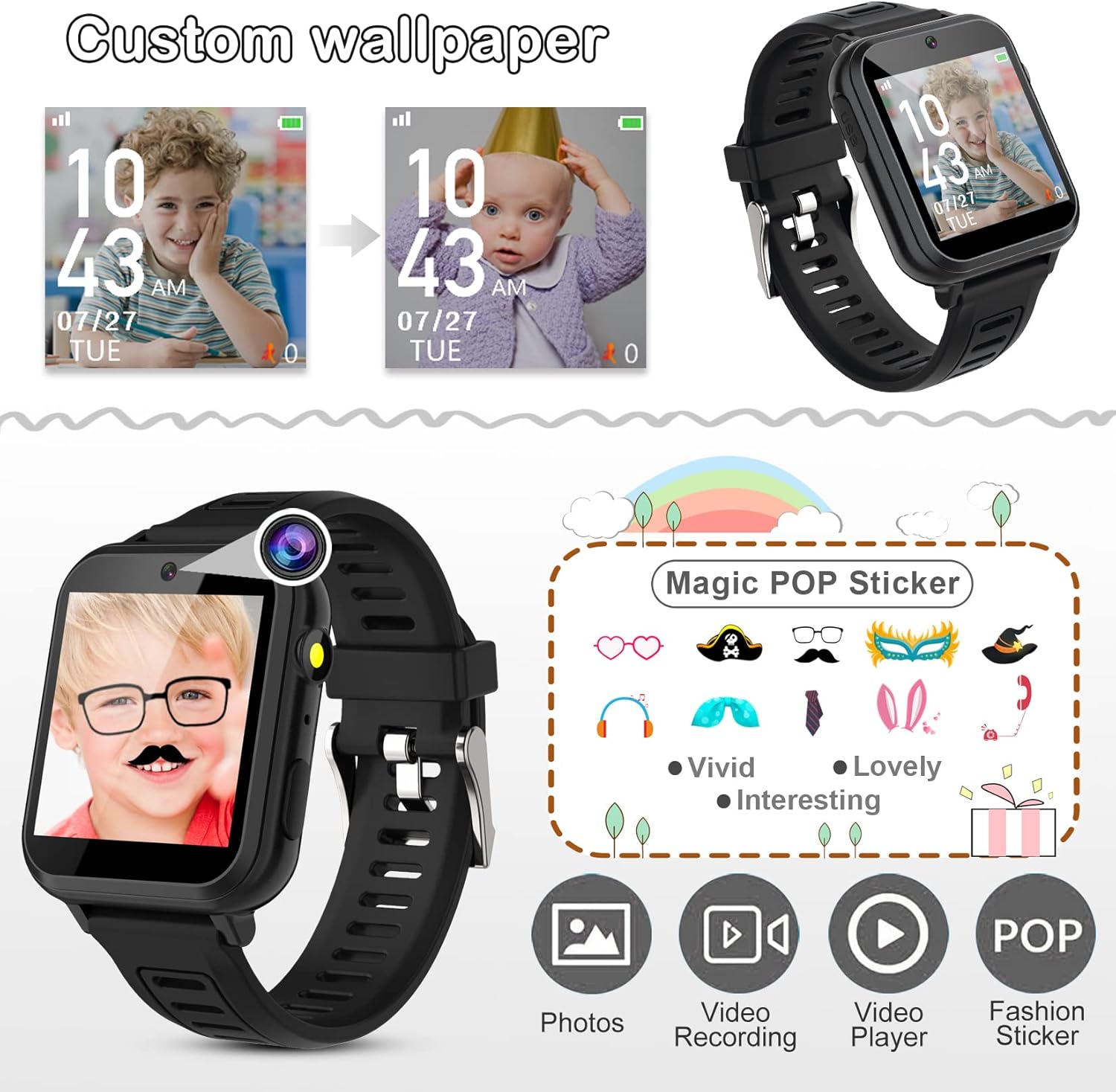 Smart Watch for Kids, Smart Watch Toys with 24 Games Camera Video Recorder Music Alarm Calculator Calendar Flashlight Stopwatch Pedometer Gift Toys for 3-12 Years Old Boys and Girls (Black)