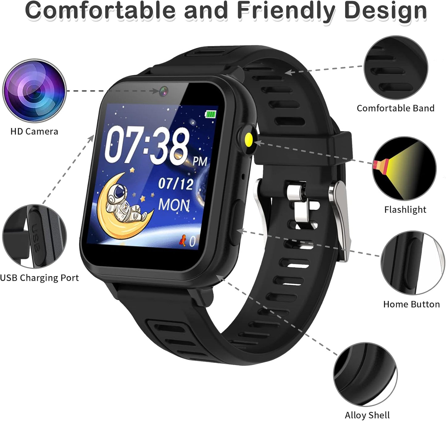 Smart Watch for Kids, Smart Watch Toys with 24 Games Camera Video Recorder Music Alarm Calculator Calendar Flashlight Stopwatch Pedometer Gift Toys for 3-12 Years Old Boys and Girls (Black)