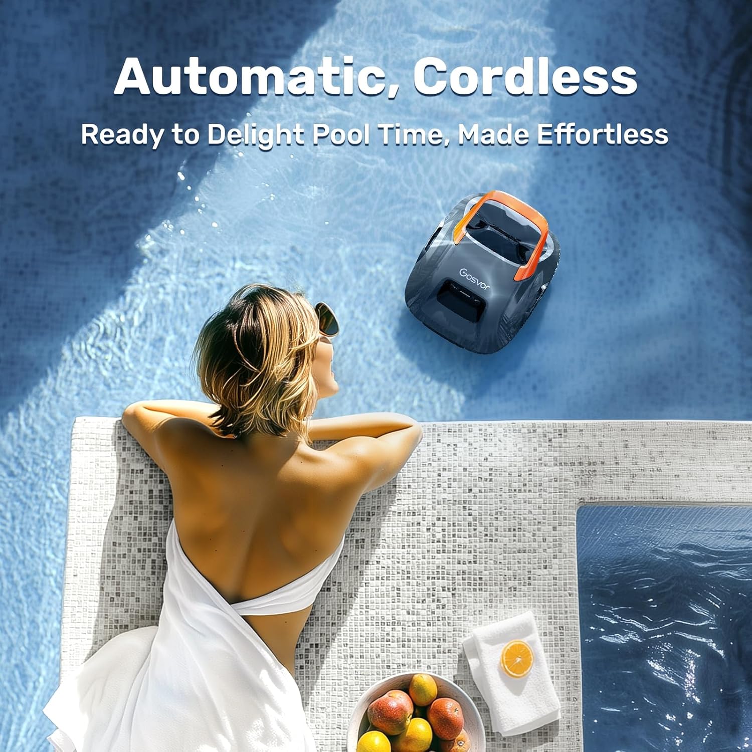 Cordless Robotic Pool Cleaner, Lasts 90 Min, Automatic Vacuum for Above-Ground Pools up to 860 Sq.Ft, Portable, Self-Parking, Orange