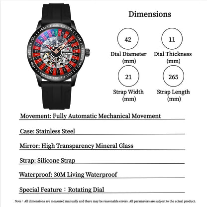 Roulette Wheel Automatic Watches for Men Rotating Dial Design Hollow Out Waterproof Mens Unique Style Mechanical Watch