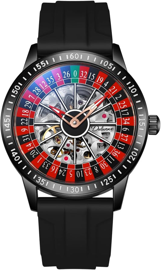 Roulette Wheel Automatic Watches for Men Rotating Dial Design Hollow Out Waterproof Mens Unique Style Mechanical Watch